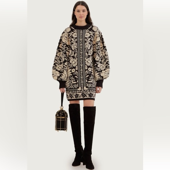 Farm Rio for Anthropologie NWT Floral Knit Sweater Dress Black & Cream Large Farm Rio for Anthropologie NWT Floral Knit Sweater Dress Black & Cream Large